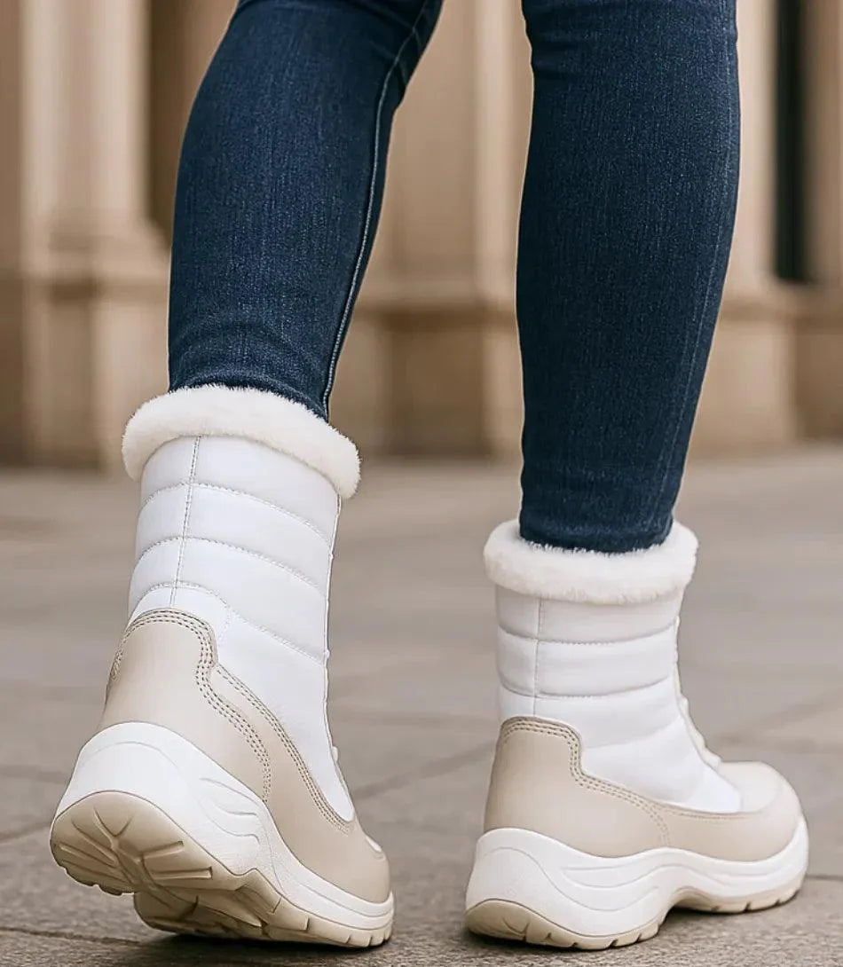 Black women's snow boots with non-slip rubber outsole and quilted polyester shaft