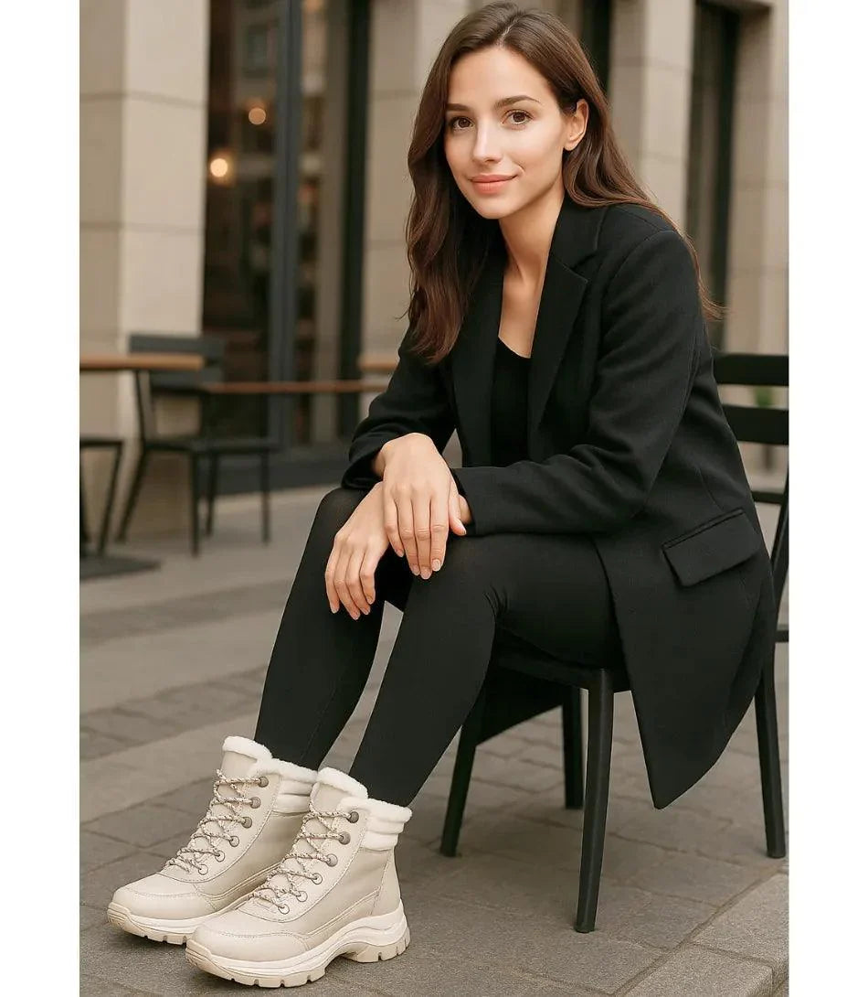 Freya women's waterproof snow boots in ivory with lace-up closure and mid-calf shaft