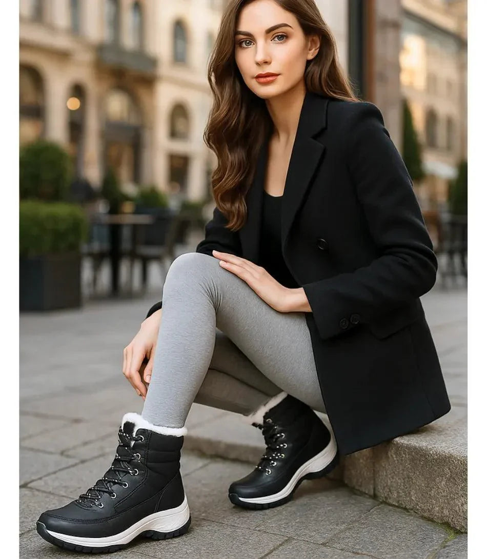 Ivory women's snow boots showing thermal lining and vegan leather heel panel