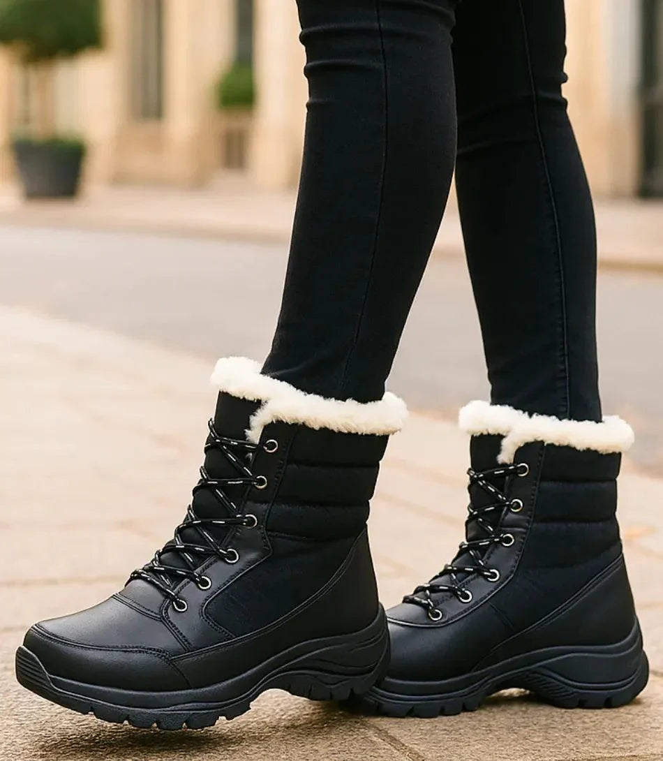 Side view of ivory waterproof snow boots with chunky platform outsole
