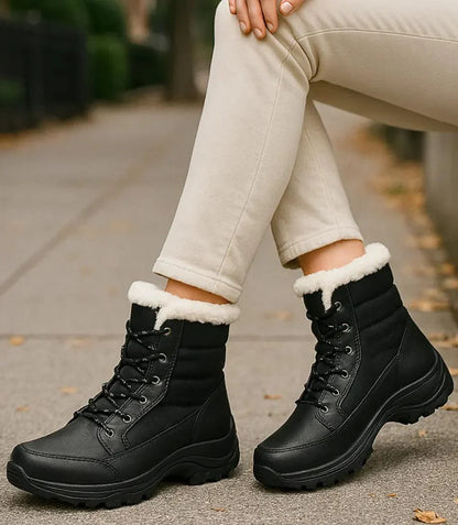 Freya snow boots in red with lace-up front and mid-calf coverage